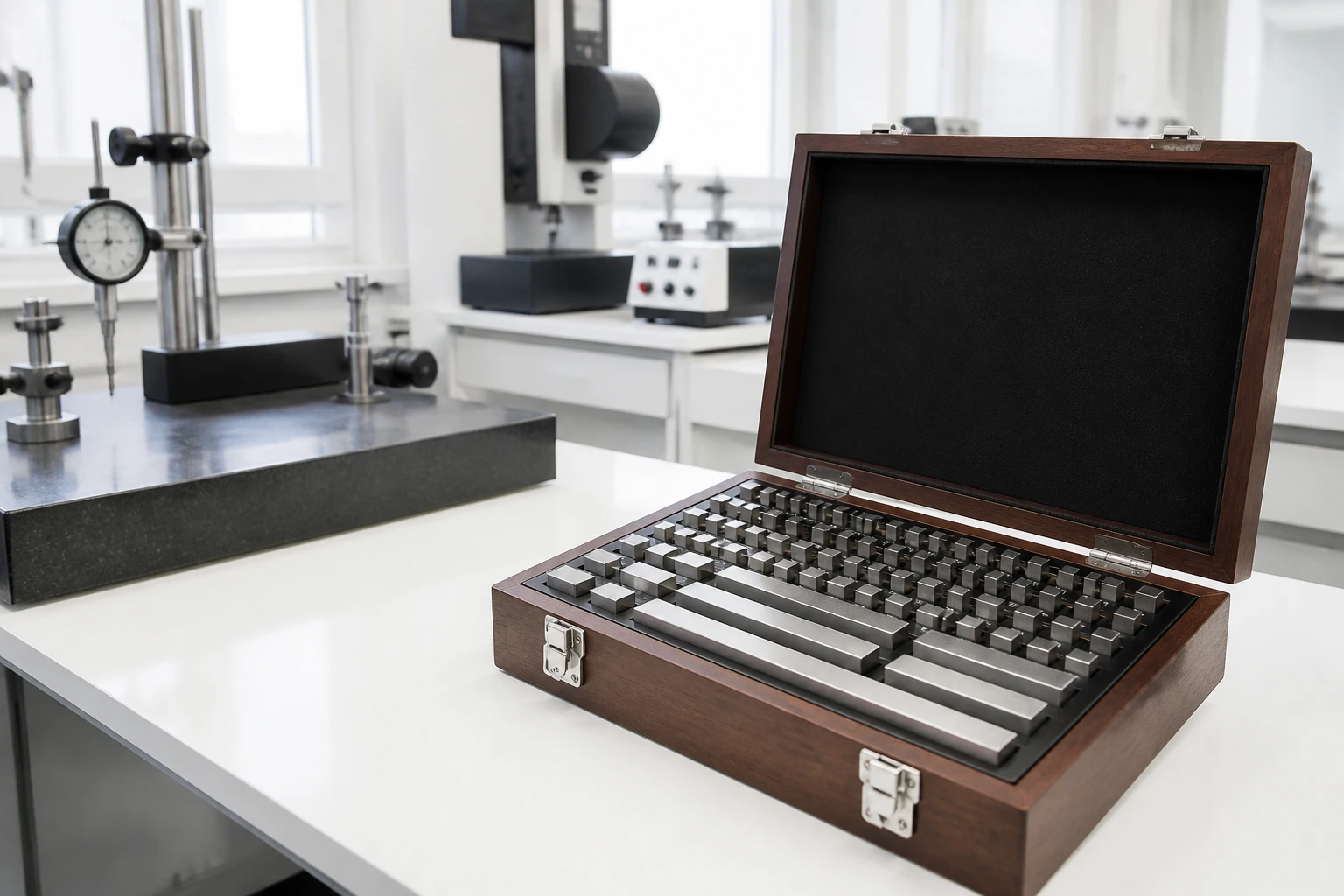 A fitted case of precision steel gauge blocks opened on a white laboratory bench