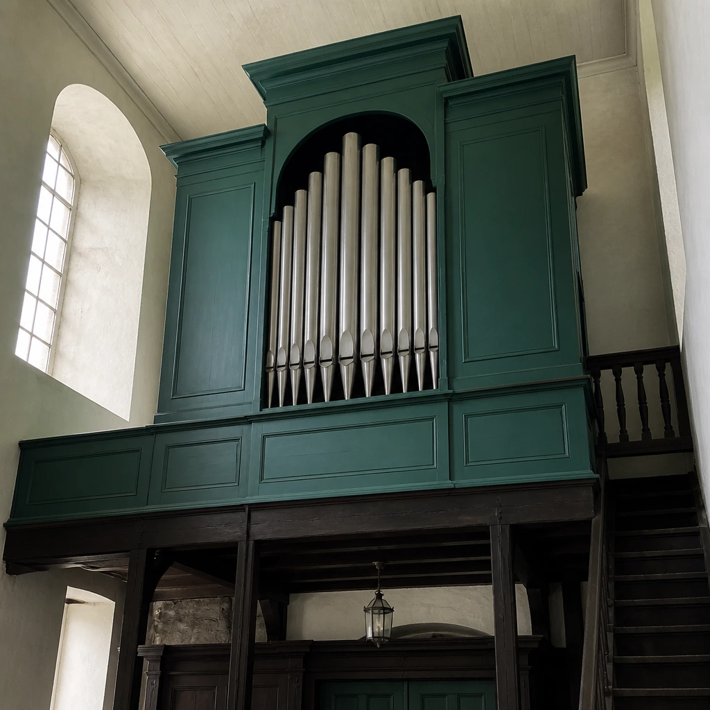 The upper case of a pipe organ in a church loft seen from below