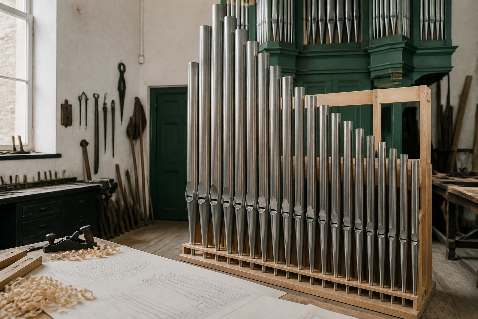 Ranks of tin organ pipes standing in a wooden rack in a tall workshop