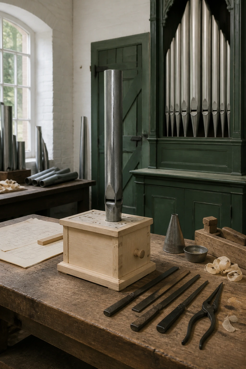 A voicing bench with a single organ pipe standing on a small windchest and hand tools beside it