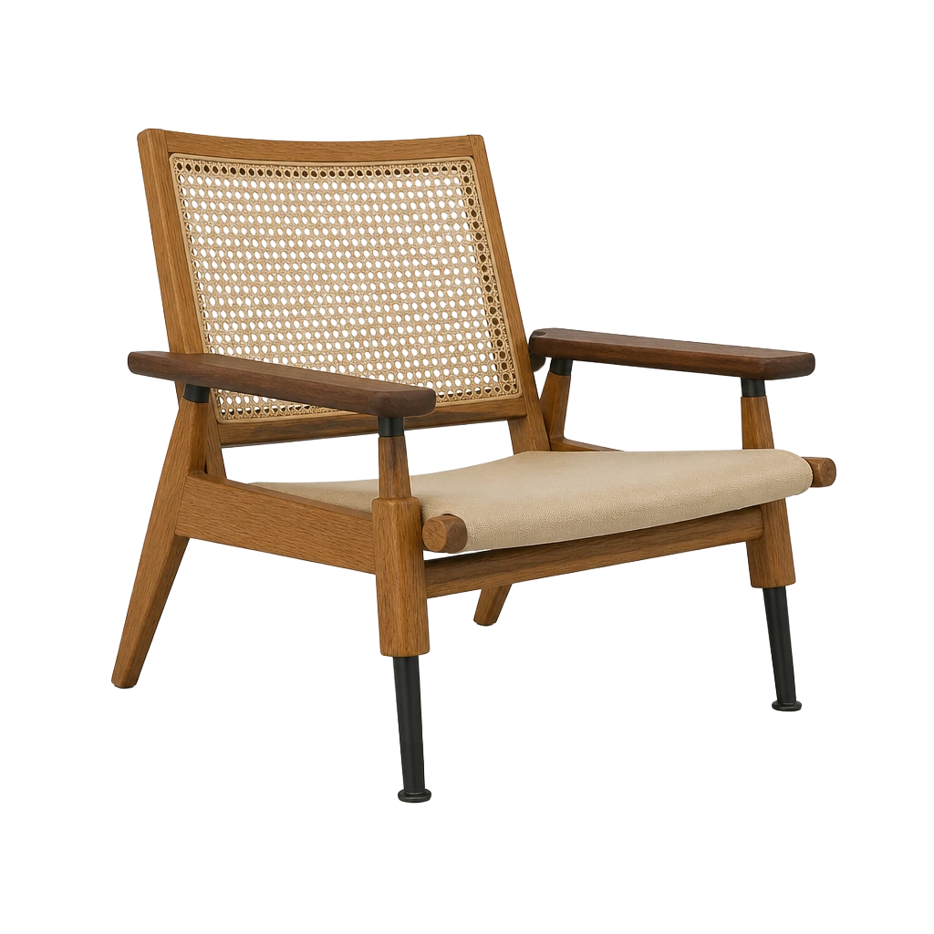 A low lounge chair in pale oak with a hand-woven cane seat and back