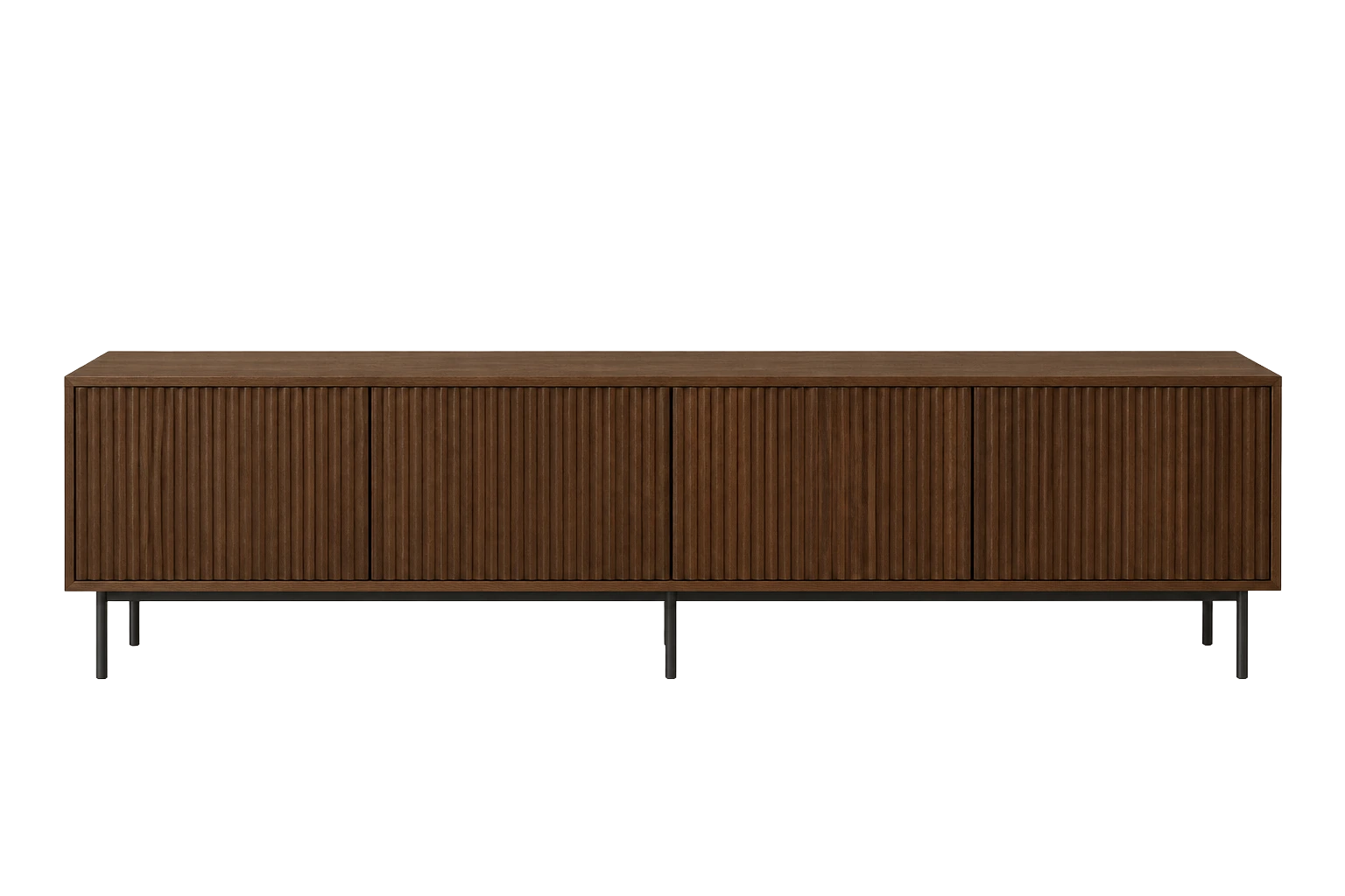 A long, low credenza in dark walnut with sliding doors and slender legs