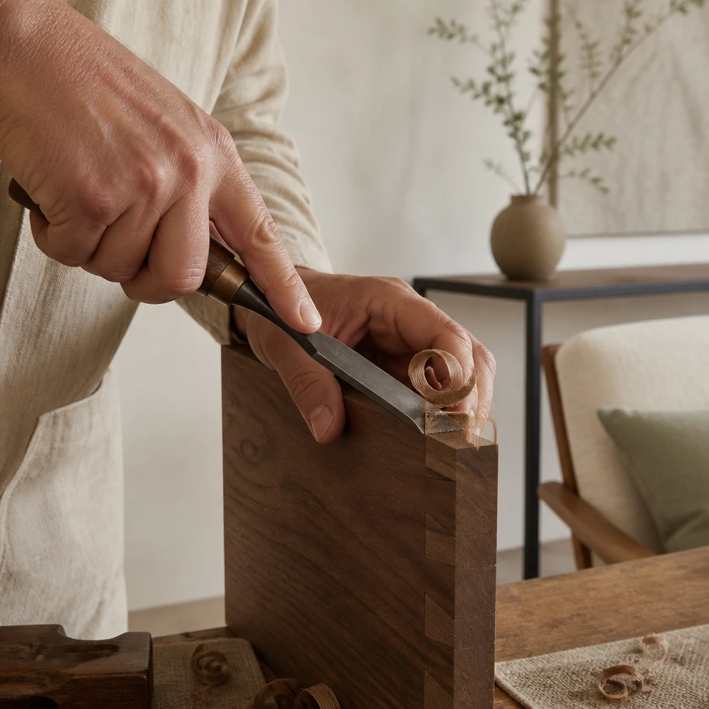 Hands paring the shoulder of a dovetail with a chisel