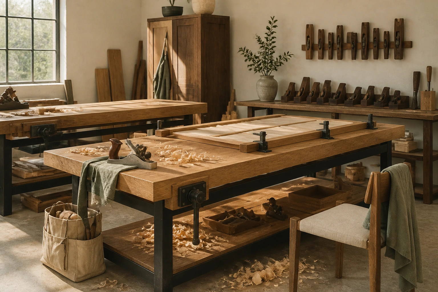 The Oxbow workshop in morning light: benches, clamps on the wall, shavings on the floor