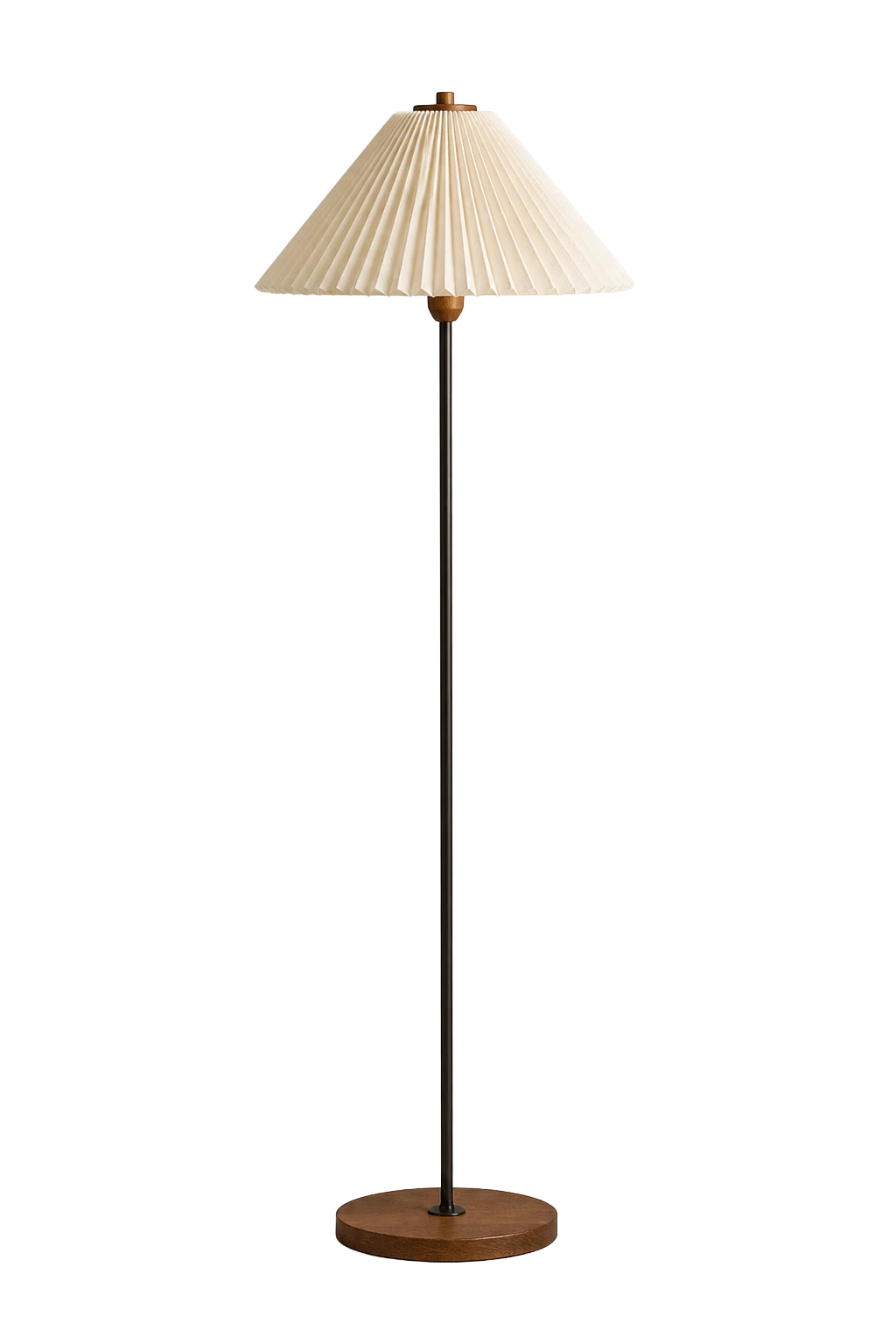 A tall floor lamp with a blackened-steel stem and a cylindrical paper shade