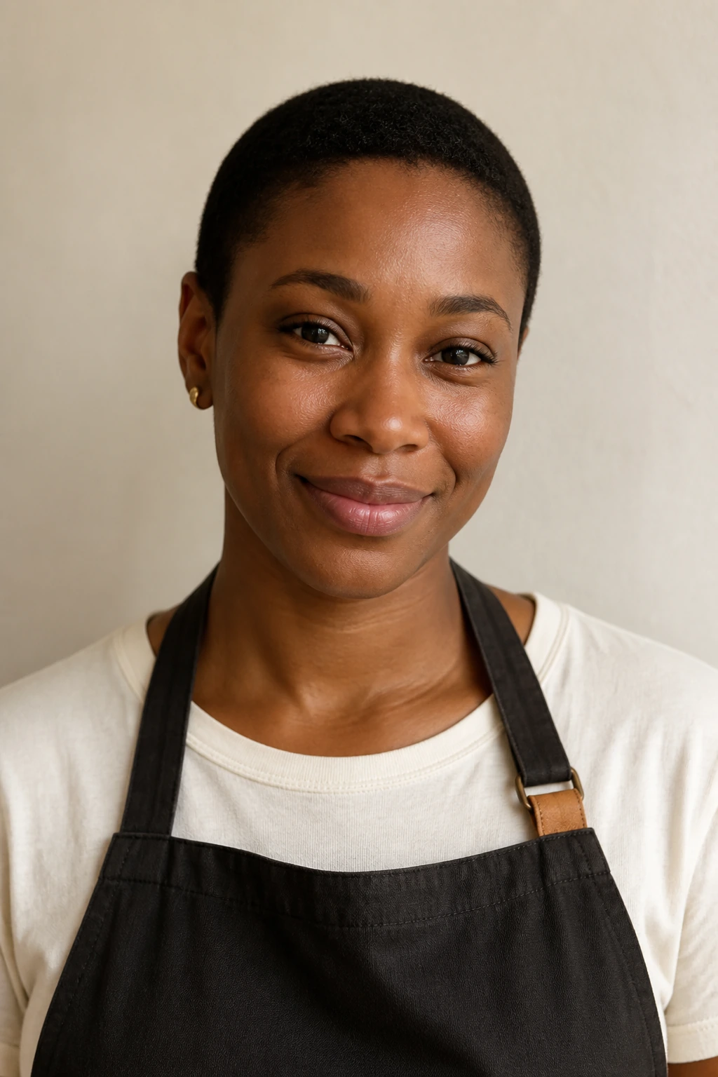 Portrait of Naomi Alcott in a charcoal work apron