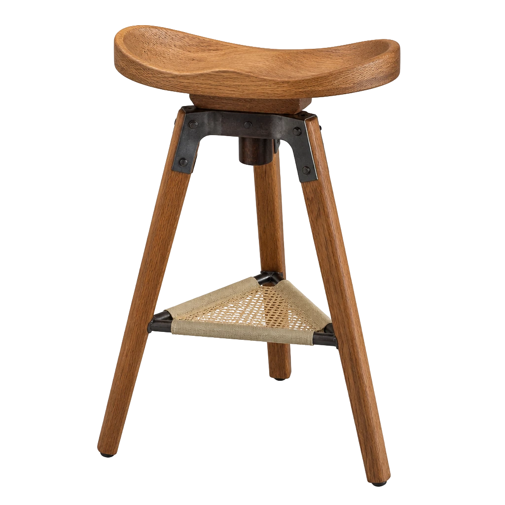 A three-legged stool with a carved round seat and splayed legs
