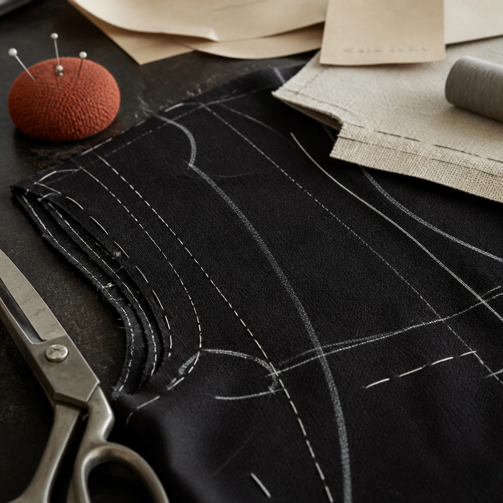 A close view of chalk marks and basting stitches on dark wool cloth