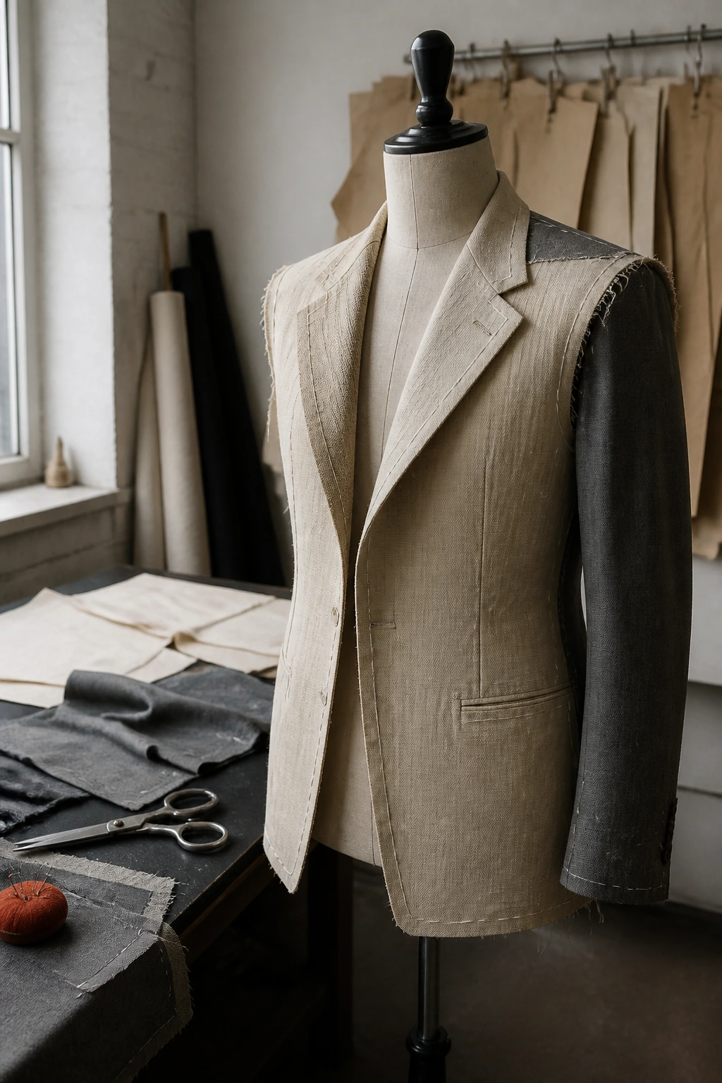 A half-made jacket in canvas basted onto a tailor's dress stand