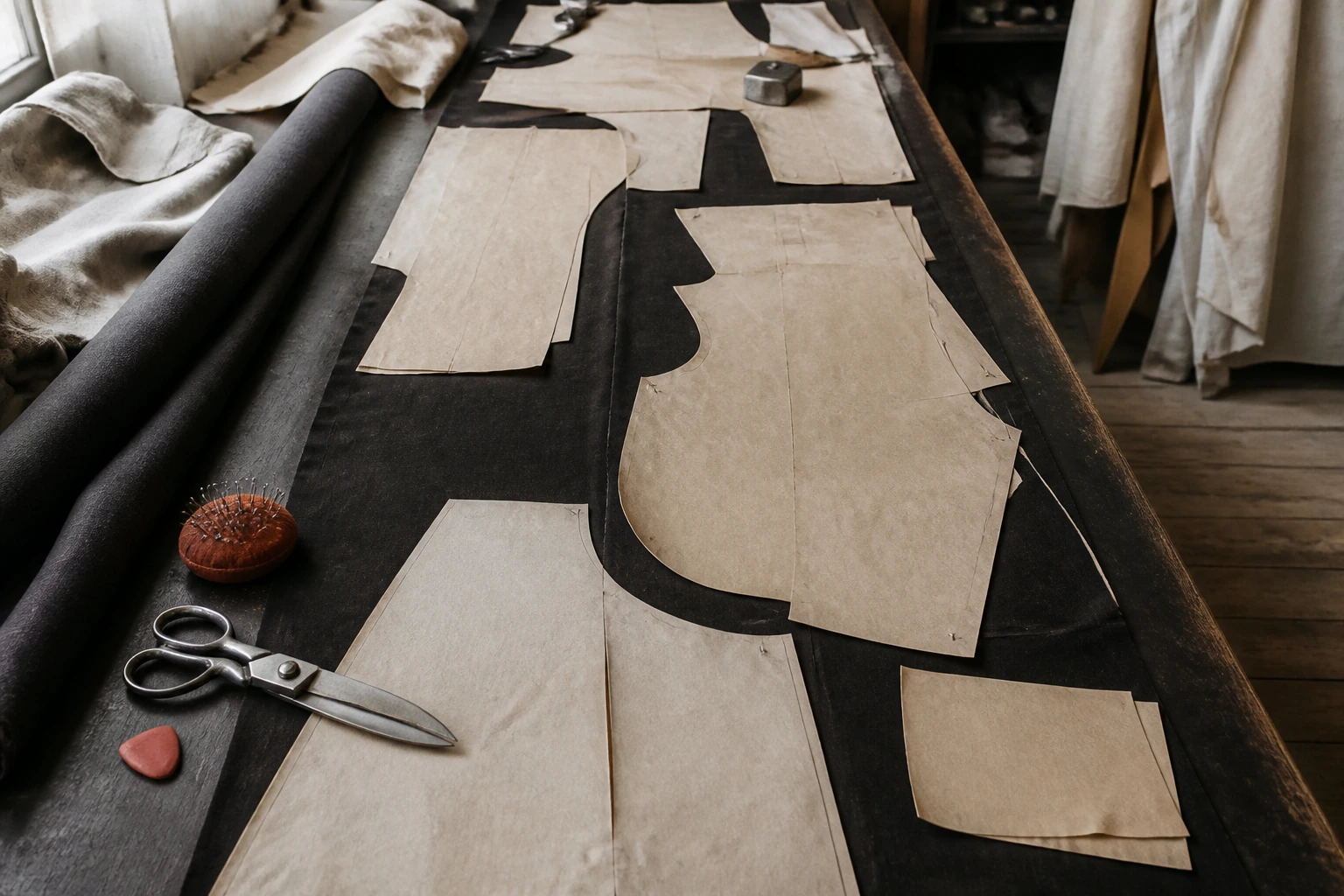 A long tailor's cutting table covered with brown paper pattern pieces, shears and chalk