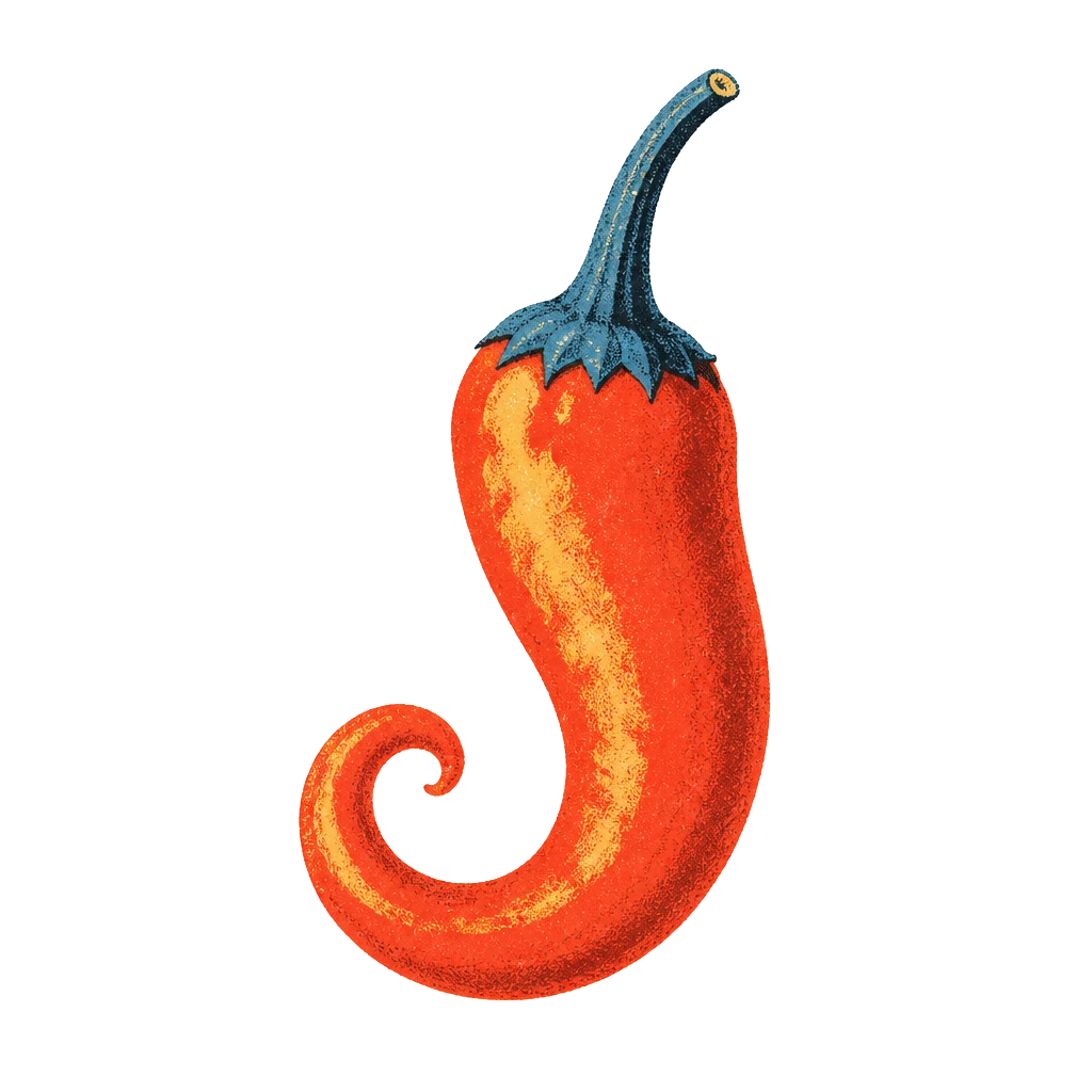 A single glossy red scorpion chilli, stem up