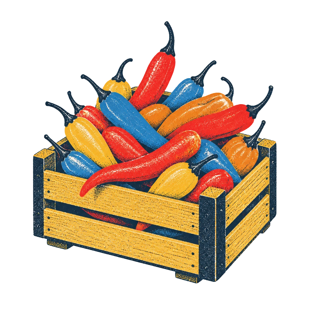 A wooden crate piled high with fresh chillies