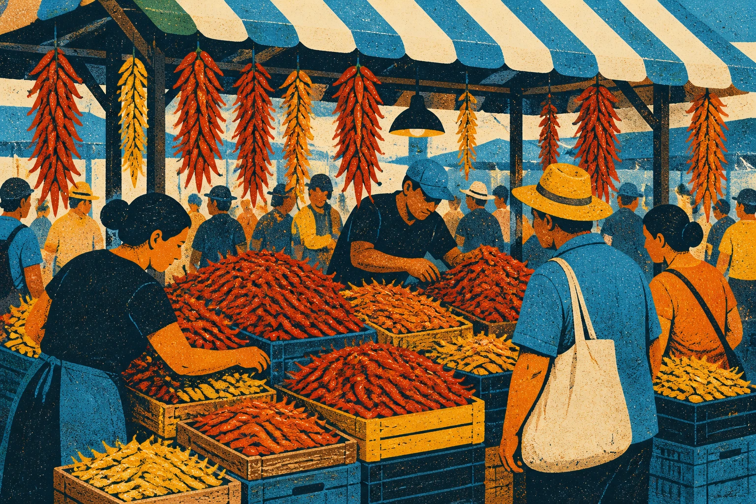 A market stall stacked with crates of red, orange and green chillies, printed in riso style