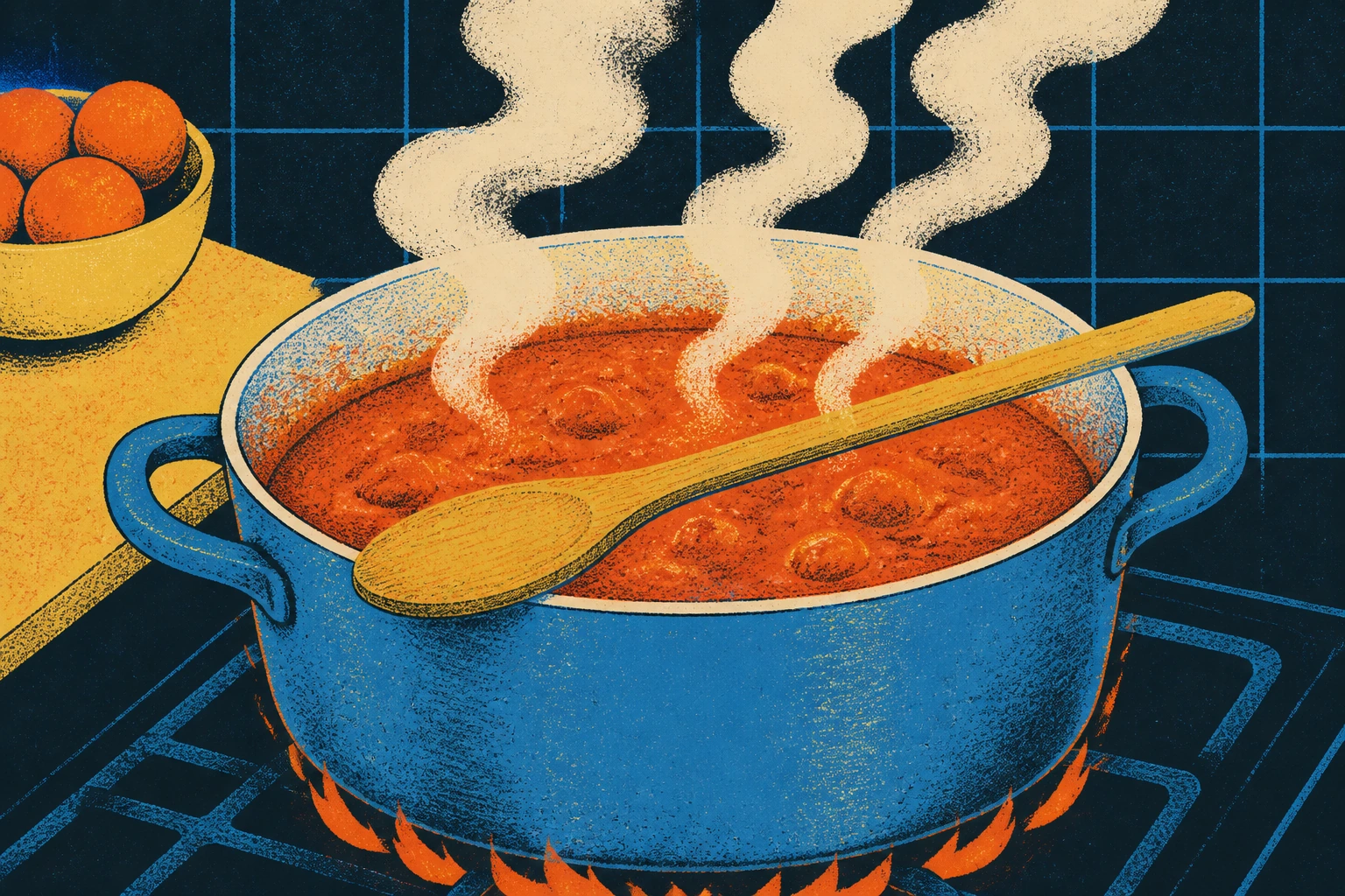 A big pot of red sauce bubbling on a kitchen range, steam rising