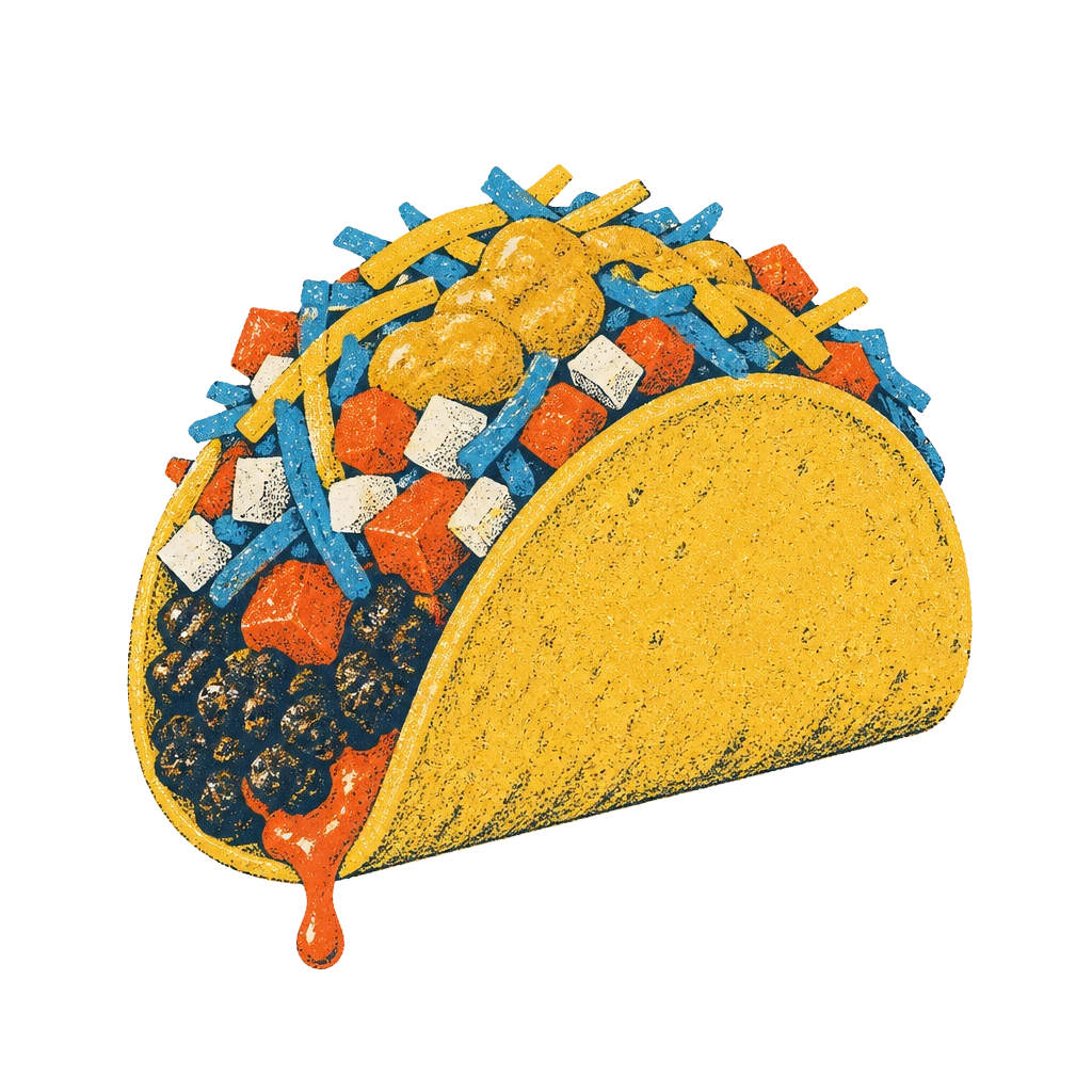 An overstuffed taco with steak, onion, cilantro and stripes of hot sauce