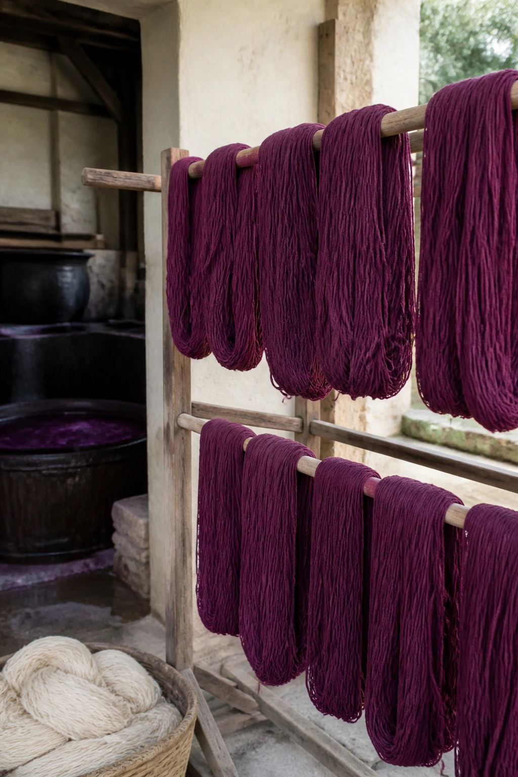 Skeins of freshly dyed purple yarn hanging on a wooden drying rack in daylight