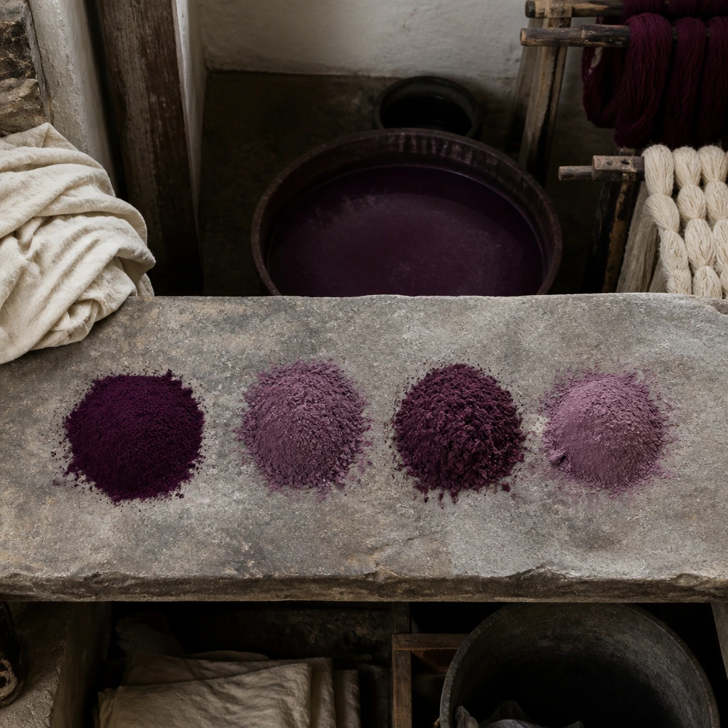 Small heaps of dry dye pigment on a stone bench, seen from above