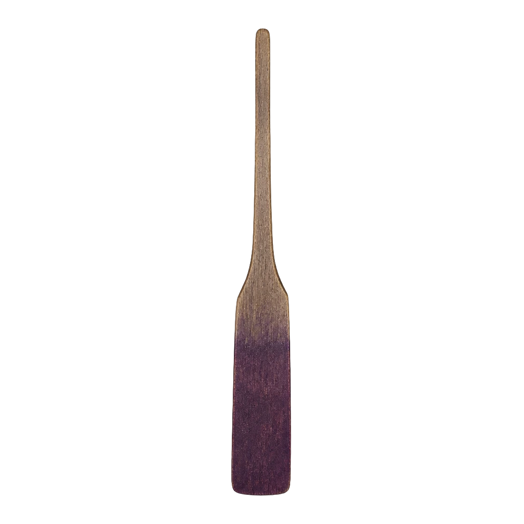 A long wooden dye paddle stained deep purple at one end