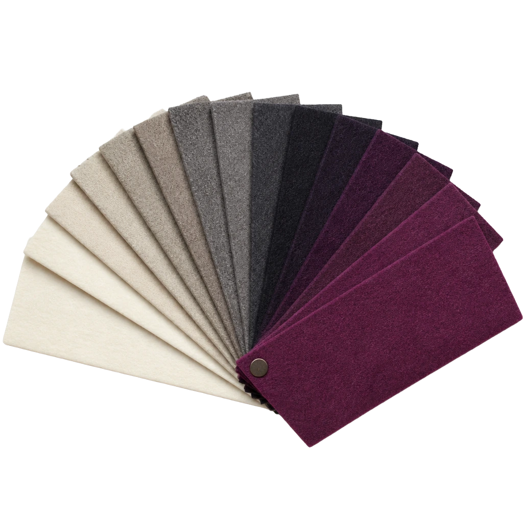 A fan of dyed wool swatch cards spread open