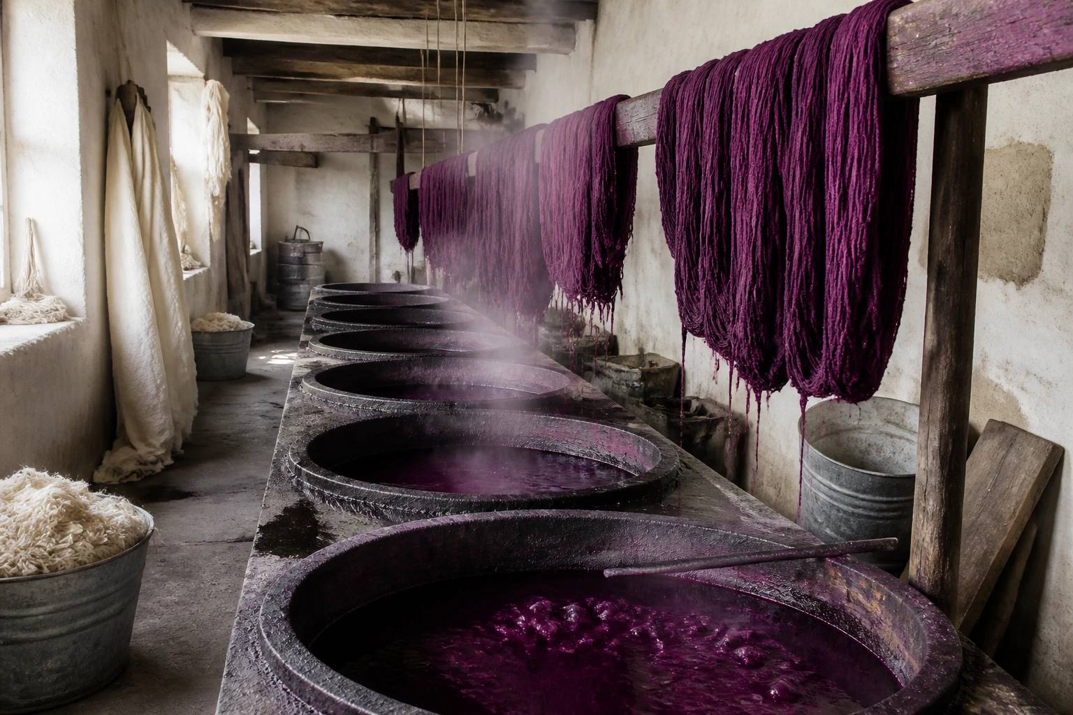 A row of open dye vats in a whitewashed dye house holding deep purple liquid, skeins hanging above