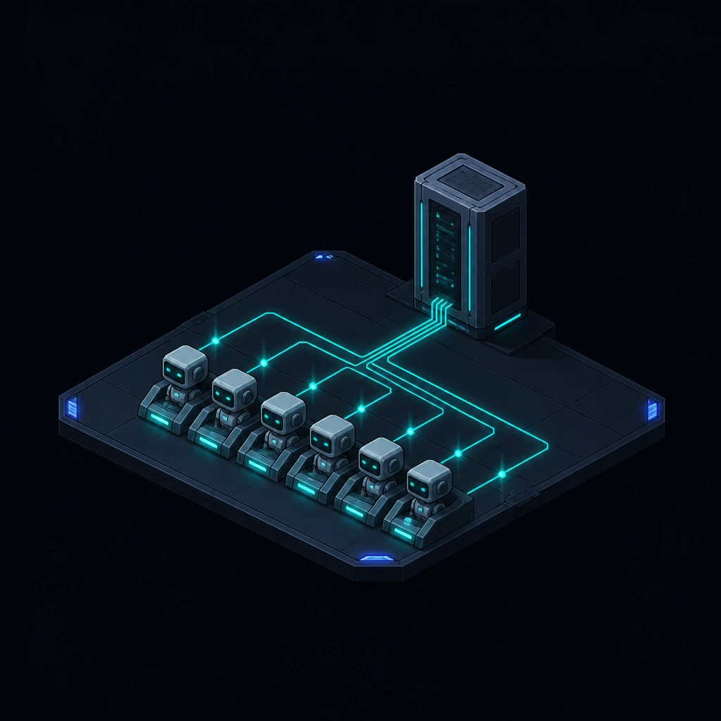 A row of small robots in charging docks, light traces converging into a server cabinet