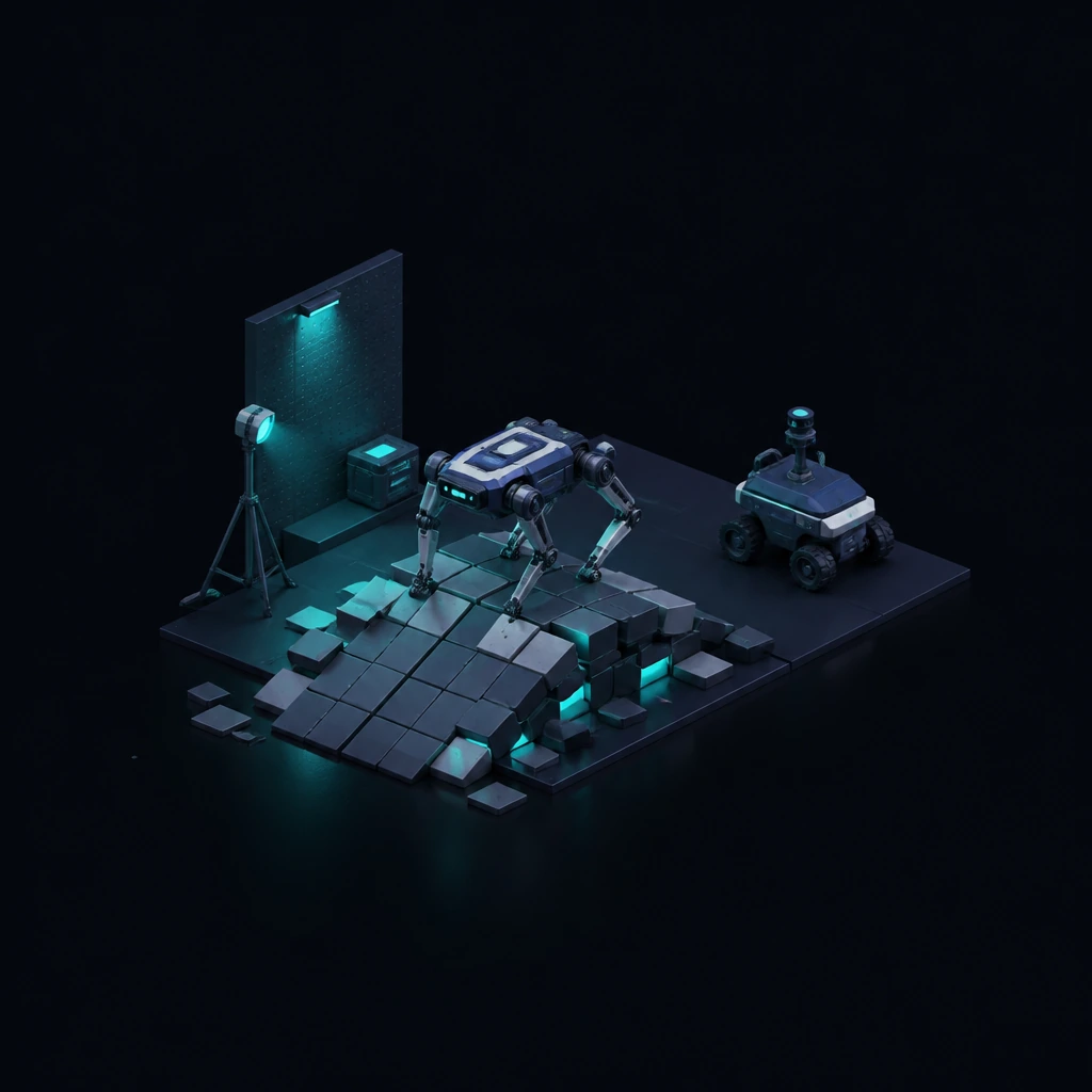 A four-legged robot mid-stride across a ramp of test blocks, a wheeled unit parked behind it