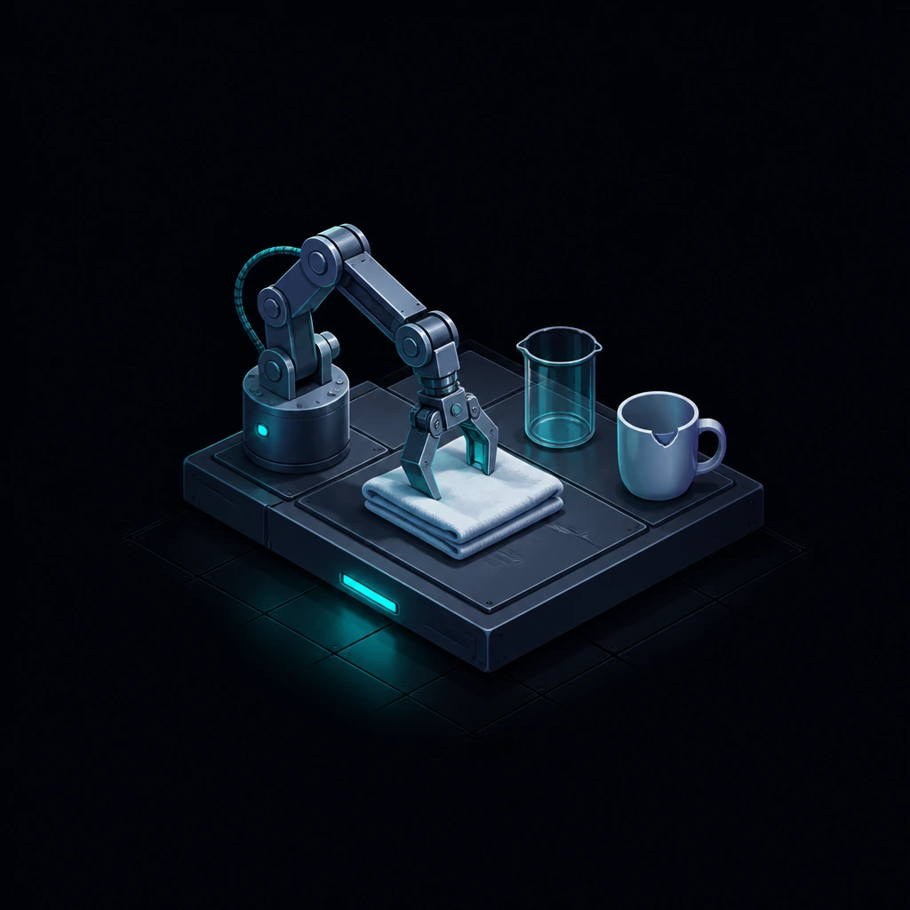 A robot gripper closing on a folded cloth beside a glass beaker and a chipped mug