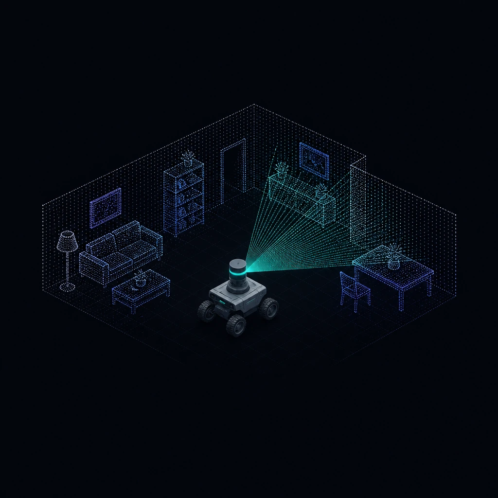 A rover with a spinning lidar head scanning a room drawn as a floating point cloud