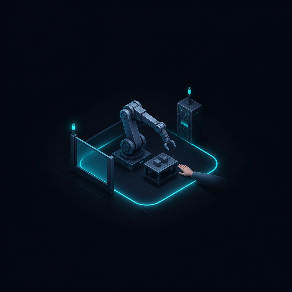 A robot arm slowing as a human hand enters its work cell, a glowing boundary on the floor