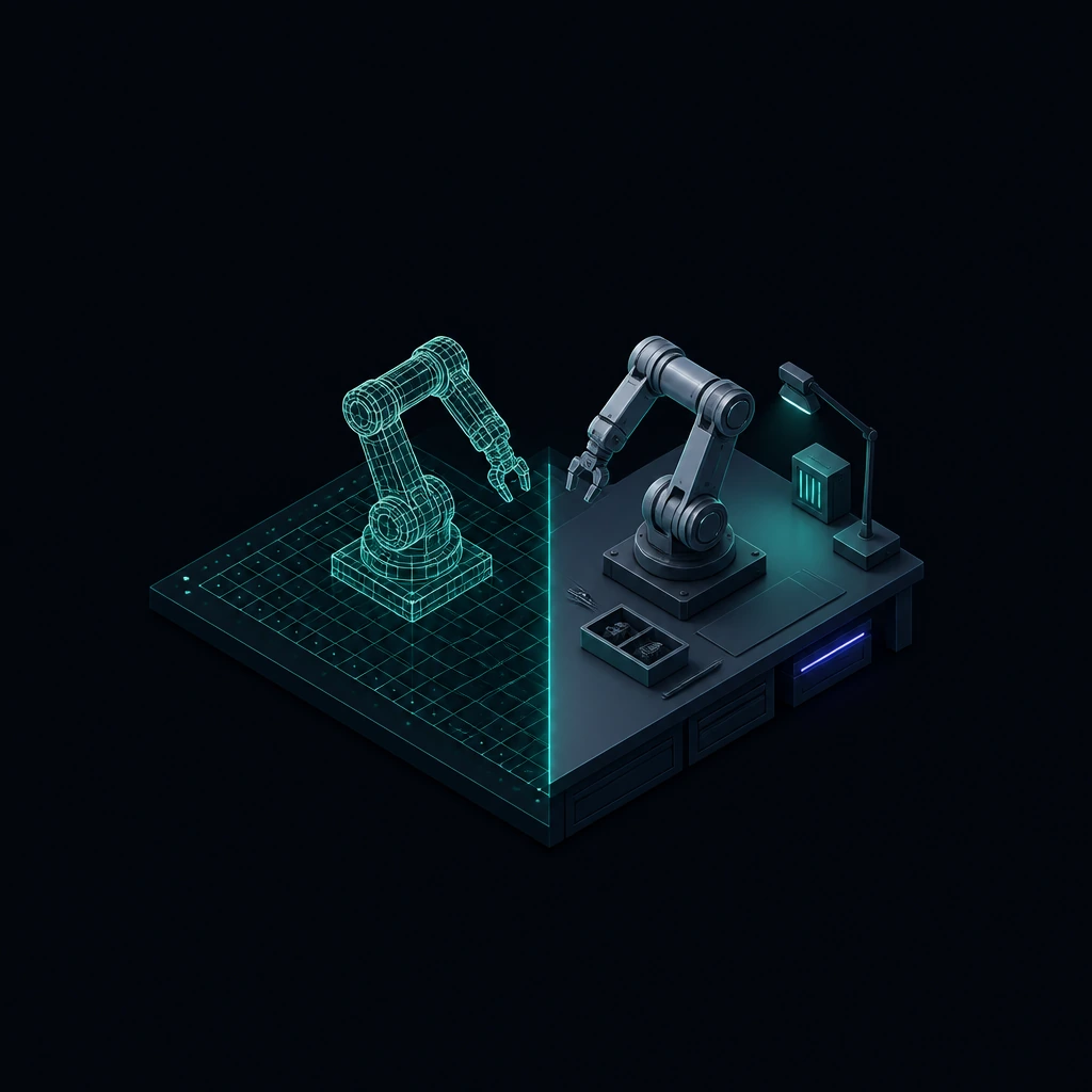 The same robot arm twice, once as a simulation wireframe and once as a machine on a bench