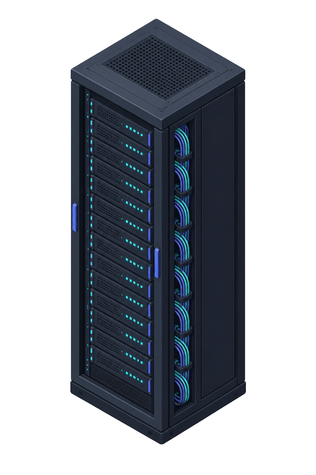 Tall server rack with cabling and status lights