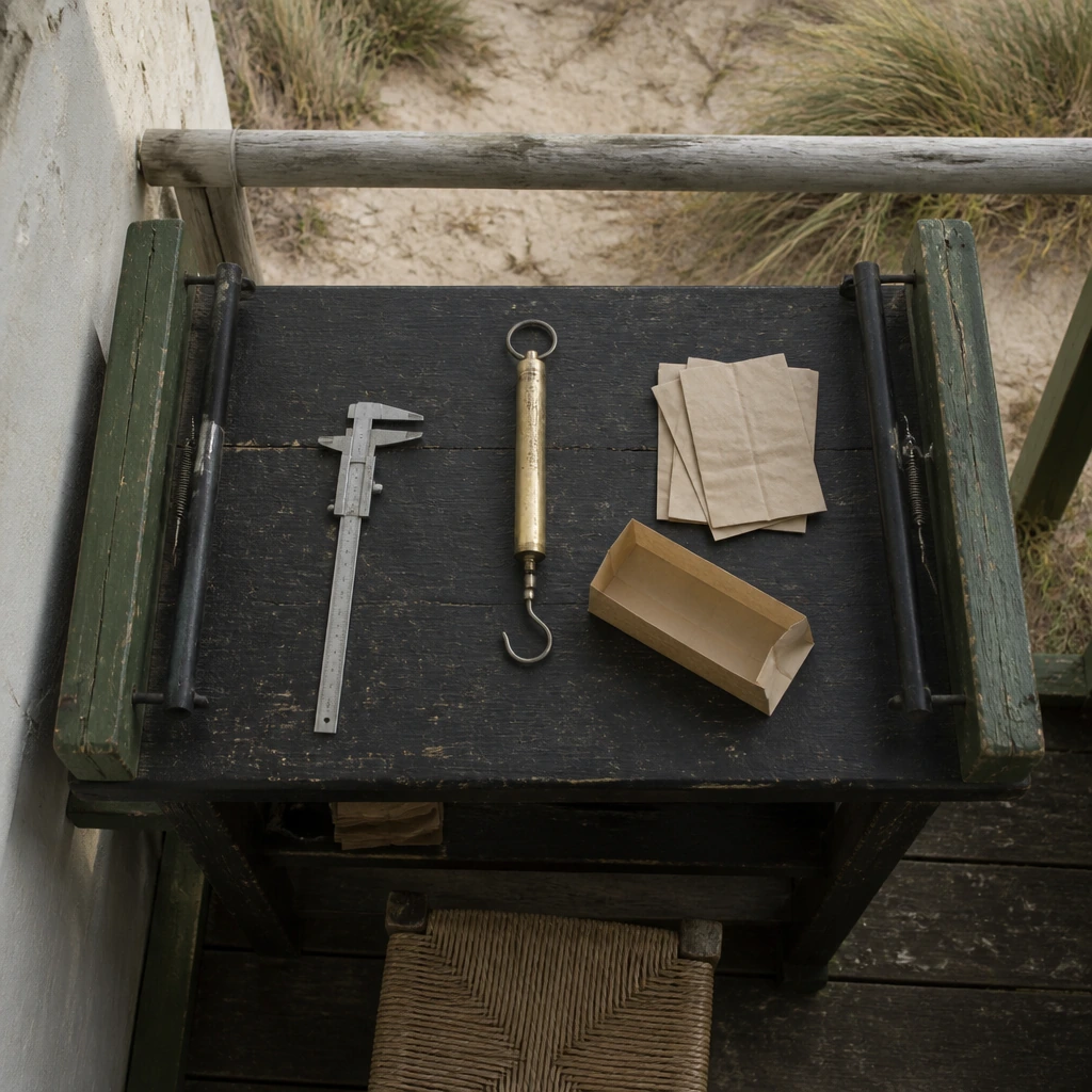 A ringing bench seen from above with calipers, a spring balance and small paper bags