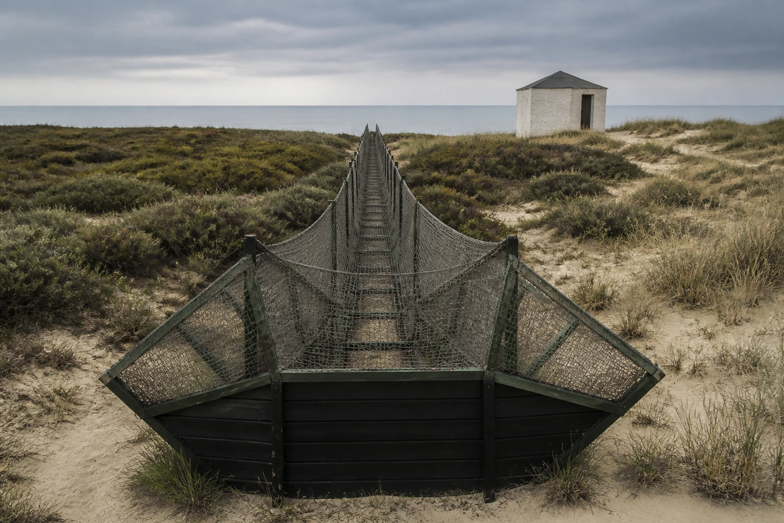 A large timber and netting Heligoland funnel trap running through low dune scrub