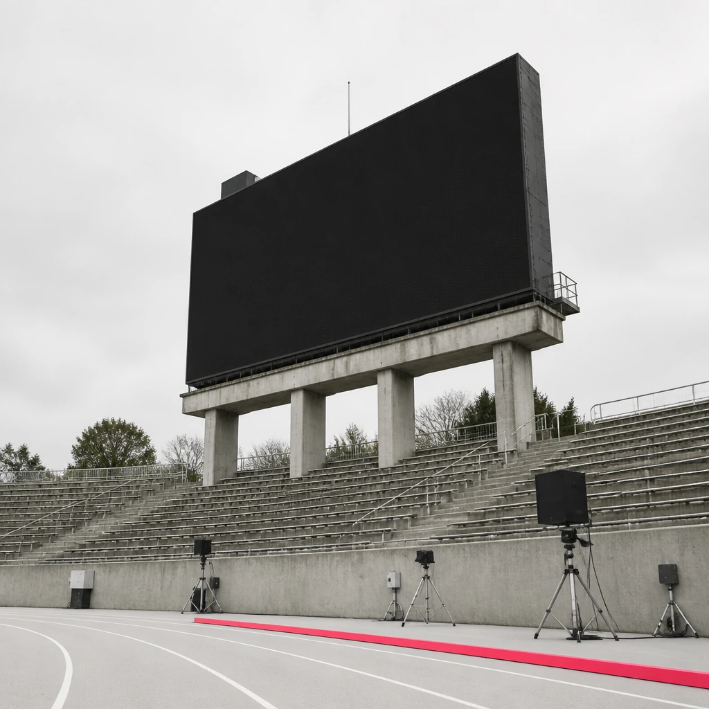 A large blank stadium scoreboard against an overcast sky seen from below