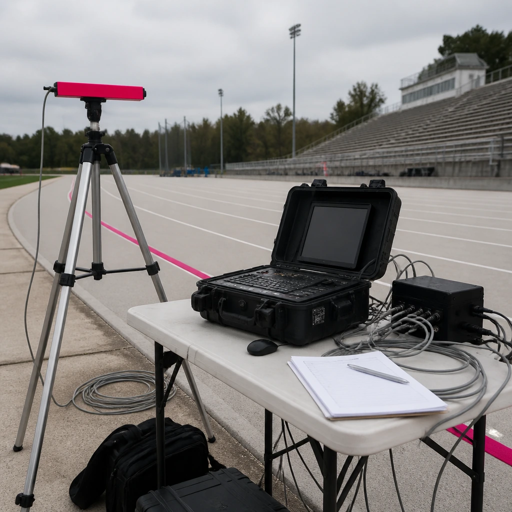A timing console with cables and a small screen on a folding table beside a track