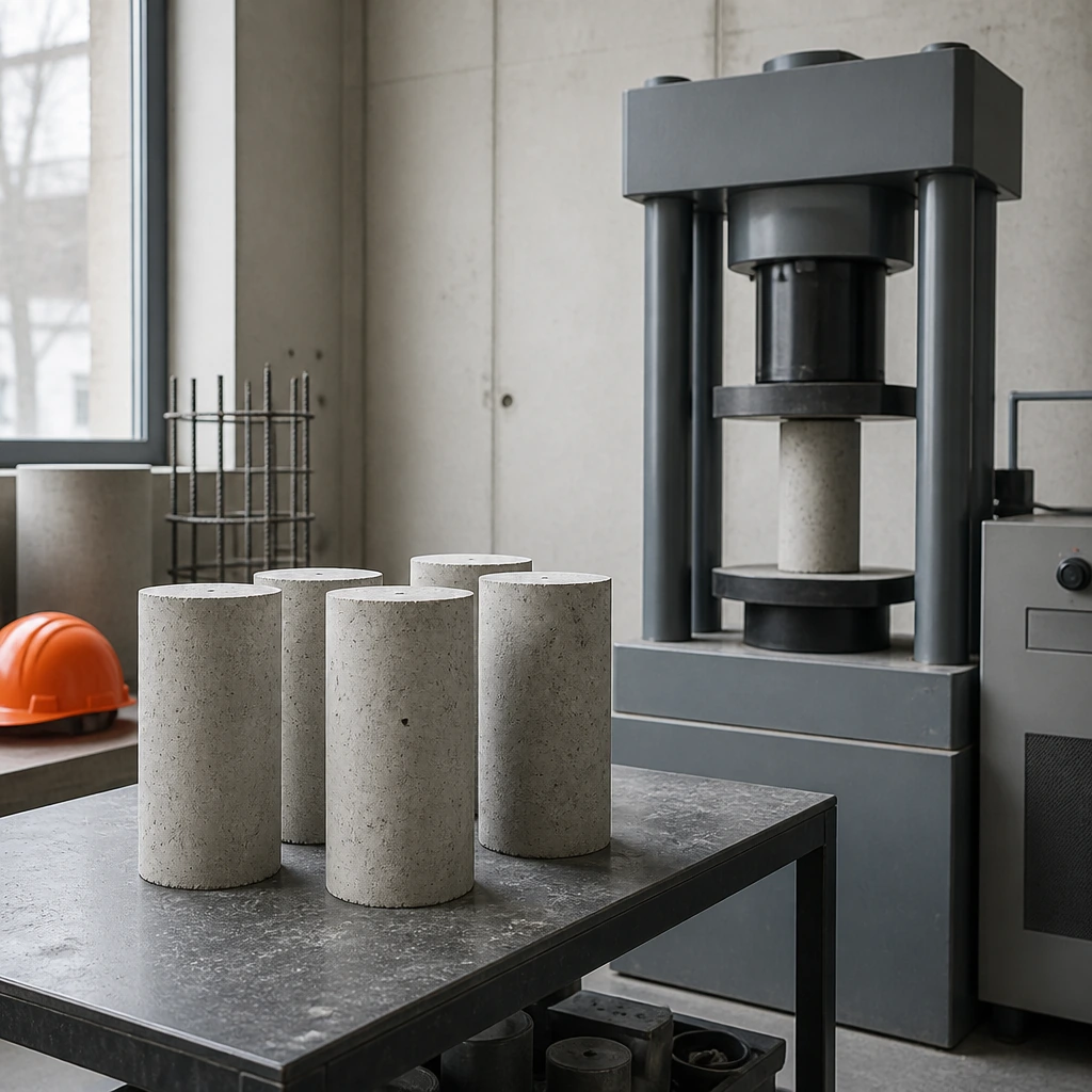 Concrete test cylinders standing on a laboratory bench beside a compression machine
