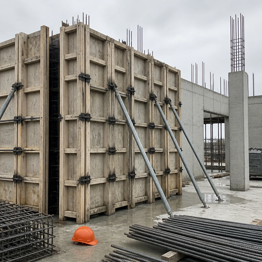 Timber formwork panels stacked and braced on a construction site