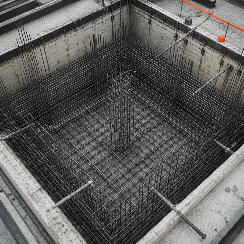 A dense reinforcement cage tied and waiting for a pour, seen from above