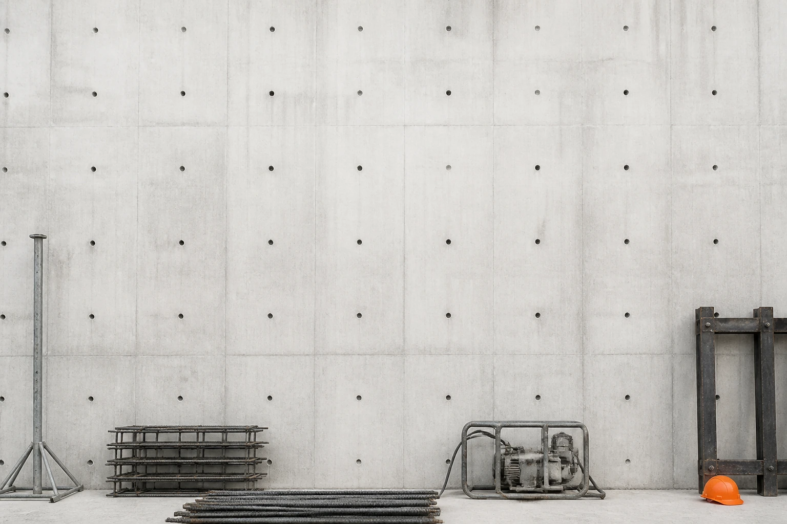 A large board-marked fair-faced concrete wall with tie holes in a regular grid