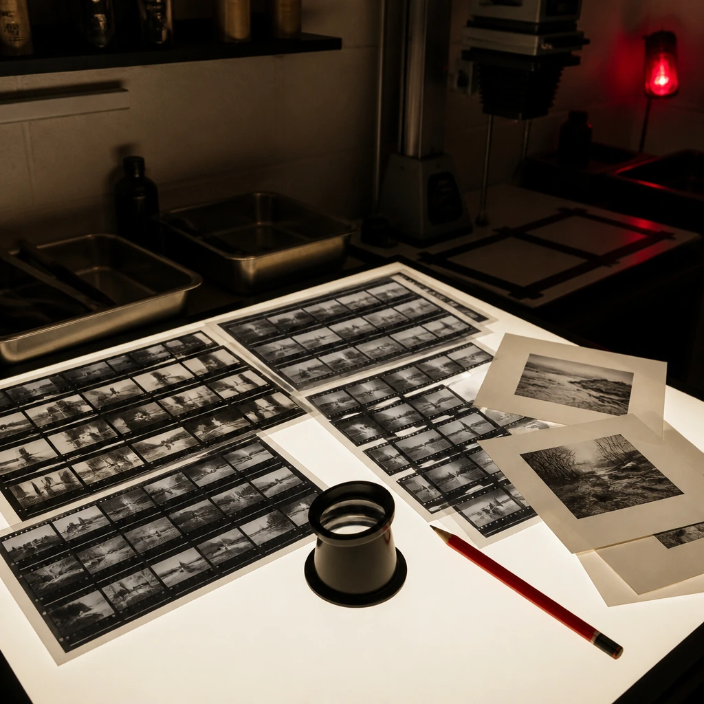 Contact sheets spread on a glowing light table with a loupe