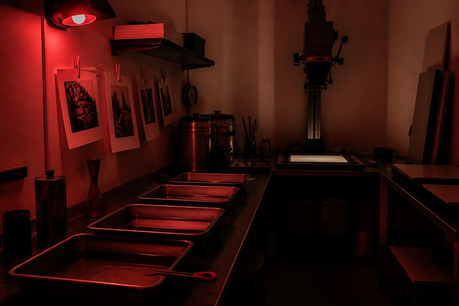 A darkroom under a red safelight with developing trays in a row and an enlarger