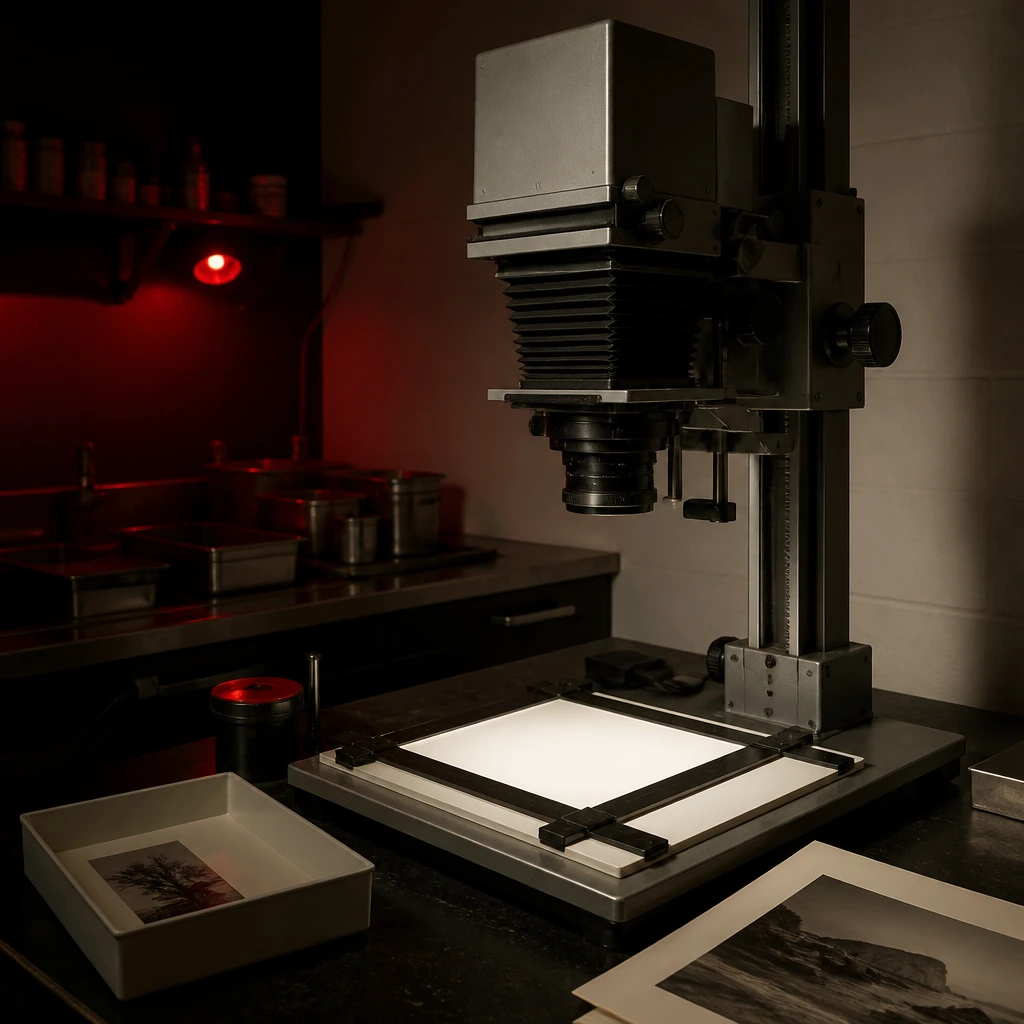 A large format enlarger standing on a bench with lens and bellows