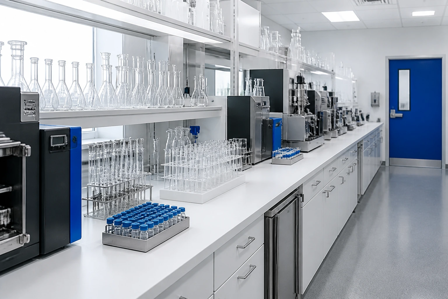 A materials testing hall at Institut Vollmer, load frames in a row under high windows