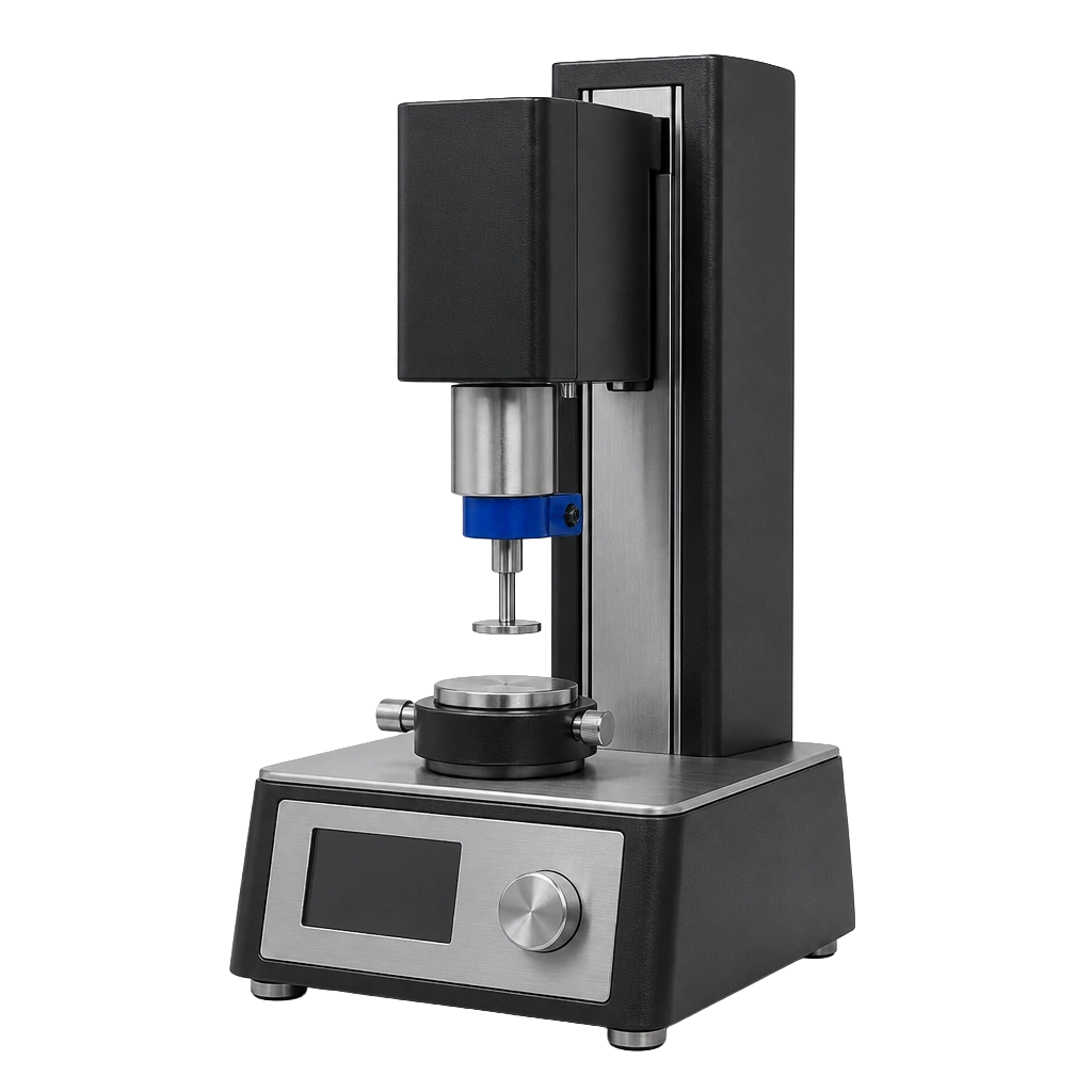 A benchtop testing instrument with a sample stage, cut out against the pattern field