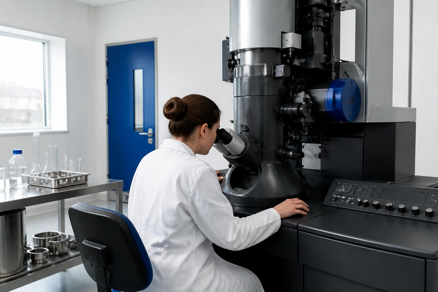A researcher at the scanning electron microscope, screens showing a fracture surface