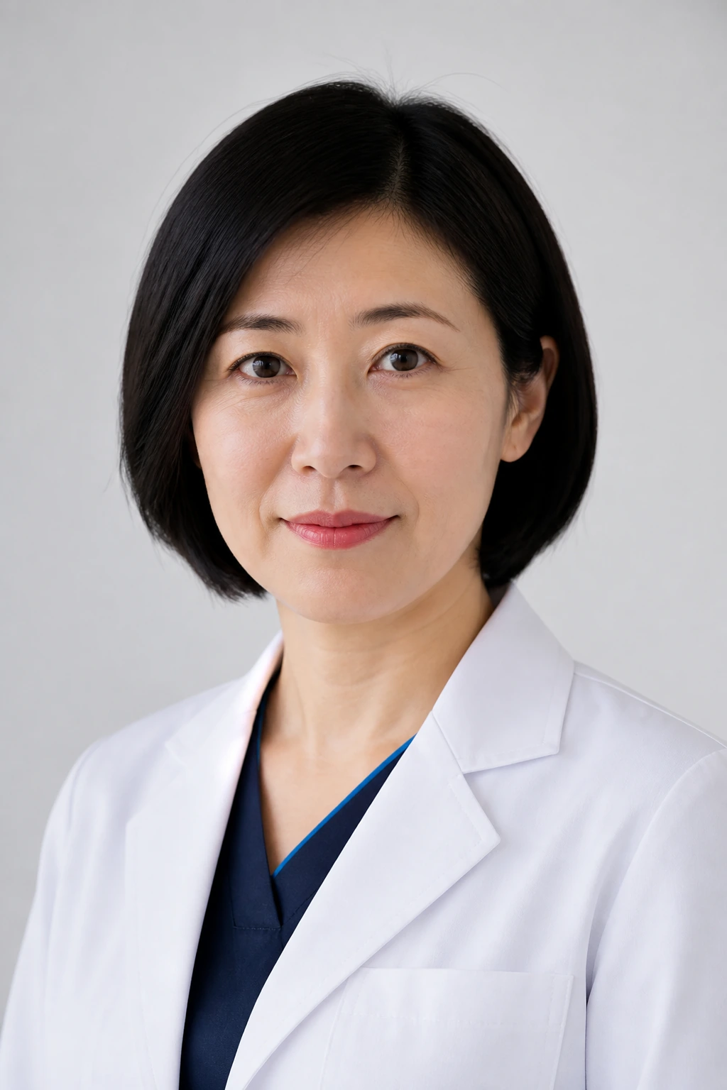 Studio portrait of Dr Katrin Reuss in a white laboratory coat against a grey wall