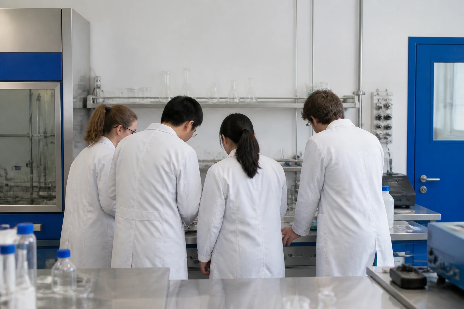 Four researchers in white coats in conversation around a laboratory bench