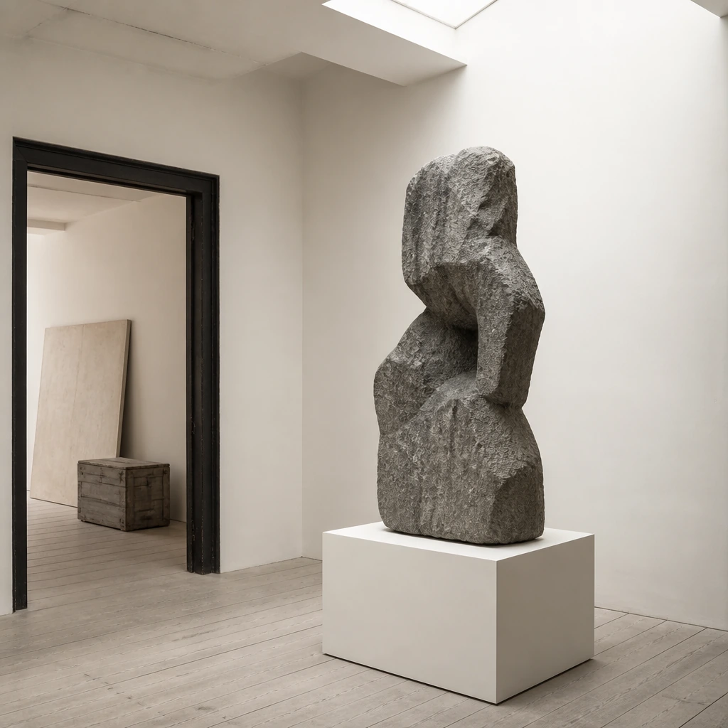 A rough grey stone sculpture on a plain white plinth in a bare room