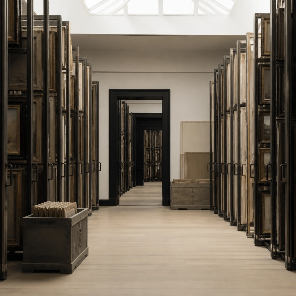 Sliding storage racks holding framed works in a windowless art store