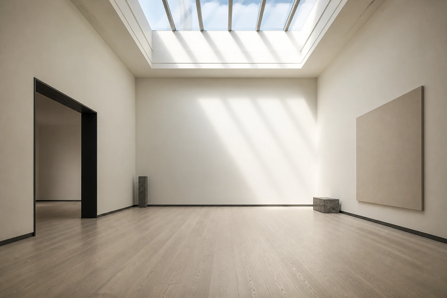 An empty gallery room under a skylight with bare walls and a pale timber floor
